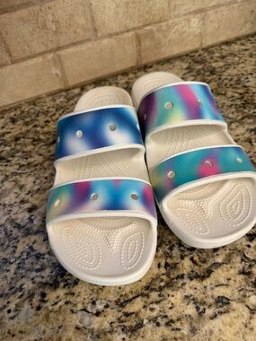 CROCS Men's White Slides with Iridescent Rainbow Straps